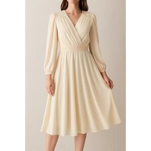 Lizzy‎ & Johnny by Lucero Cream Midi Dress Vintage Pleated Surplice Belted M